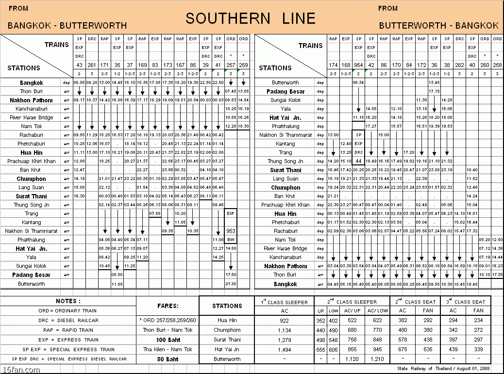 泰国火车票价表 泰国铁路路线图及火车时刻表