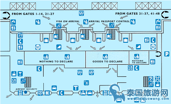 曼谷廊曼机场内部结构平面示意图（地图）
