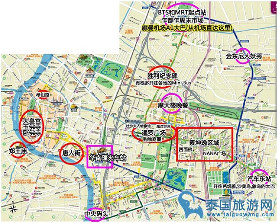 曼谷市区主要景点和交通手绘中文地图