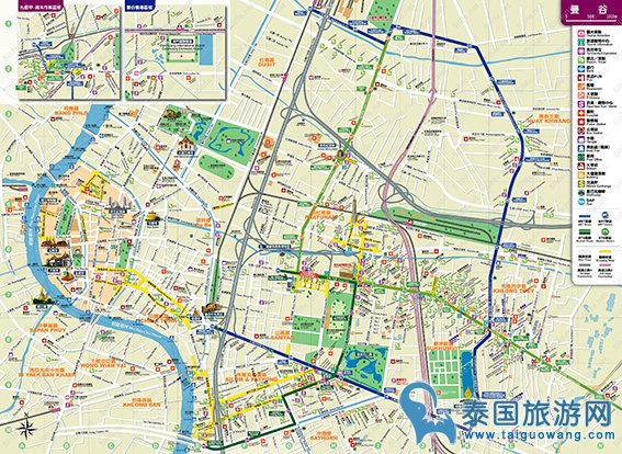 曼谷市区主要景点和交通手绘中文地图