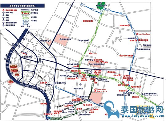 曼谷市区主要景点和交通手绘中文地图