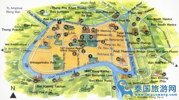 【曼谷】大城Ayutthaya景点分布图（中文著释）